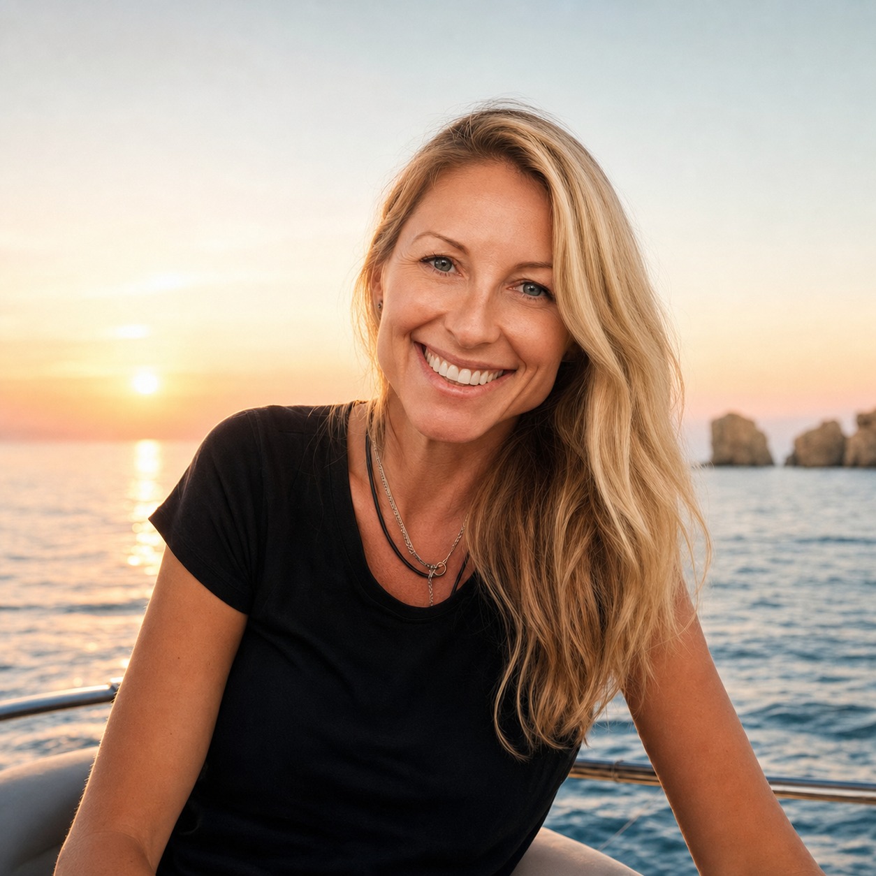 Portrait of a woman on a sailboat with luminous, healthy-looking skin